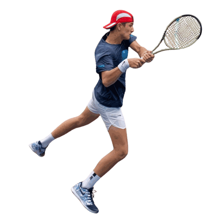 Junior tennis player mid-swing