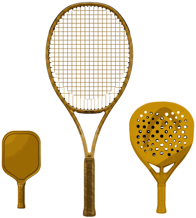 Gold tennis racquet, pickleball paddle and padel racquet
